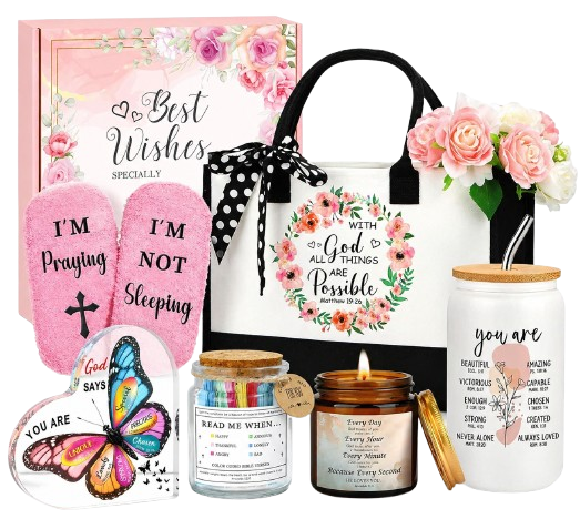 Kit de regalos cristianos para mujer con taza, accesorios y mensajes de fe