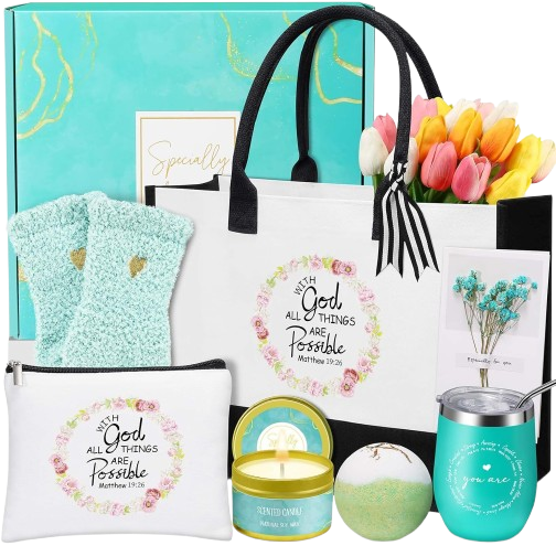 Kit de regalos cristianos para mujer con taza, accesorios y mensajes de fe